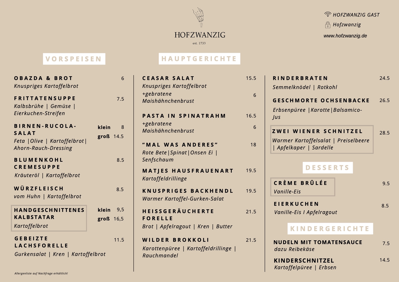 Speisekarte HOFZWANZIG April 2026 – Vorspeisen, Hauptgerichte, Desserts und Kindergerichte